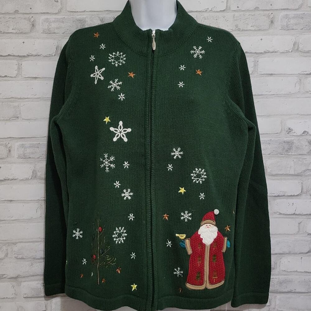 Christopher & Banks Christmas Santa Embroider Applique Womens Sweater Large